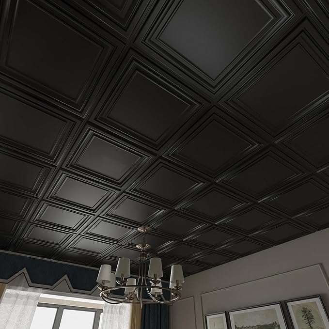 Art3d PVC Ceiling Tiles, 3D Plastic Sheet in Black, 2 x 2 ft, 24-Pack | Lightweight, Waterproof, No Sag and Breakage, Compatible with Grid System, Perfect for Basement, Kitchen