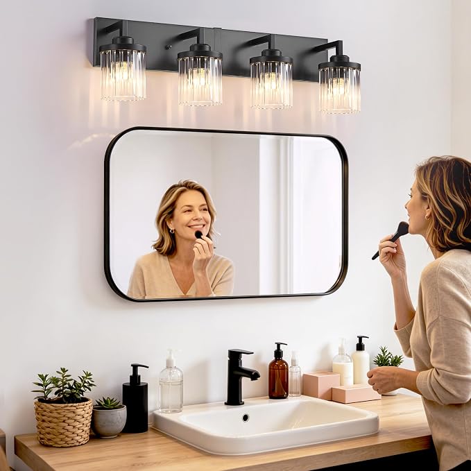 4-Light Black Bathroom Vanity Light, Crystal Glass Shades | Modern Wall Lighting Fixtures Over Mirror, for Bathroom, Matte Black Finish, Rust-resistant Metal, Farmhouse Industrial Style