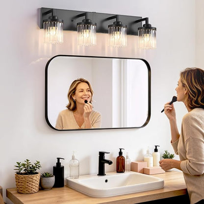 4-Light Black Bathroom Vanity Light, Crystal Glass Shades | Modern Wall Lighting Fixtures Over Mirror, for Bathroom, Matte Black Finish, Rust-resistant Metal, Farmhouse Industrial Style