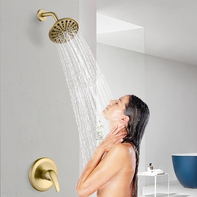 gotonovo Shower Faucet Set with Valve 6 Mode Rain Head Brushed Gold | Bathroom Shower Head and Handle Set Complete Combo,6 Mode Multi 6’’ ABS Rainfall Showerhead,Brass Valve Trim Kit,Wall Mount