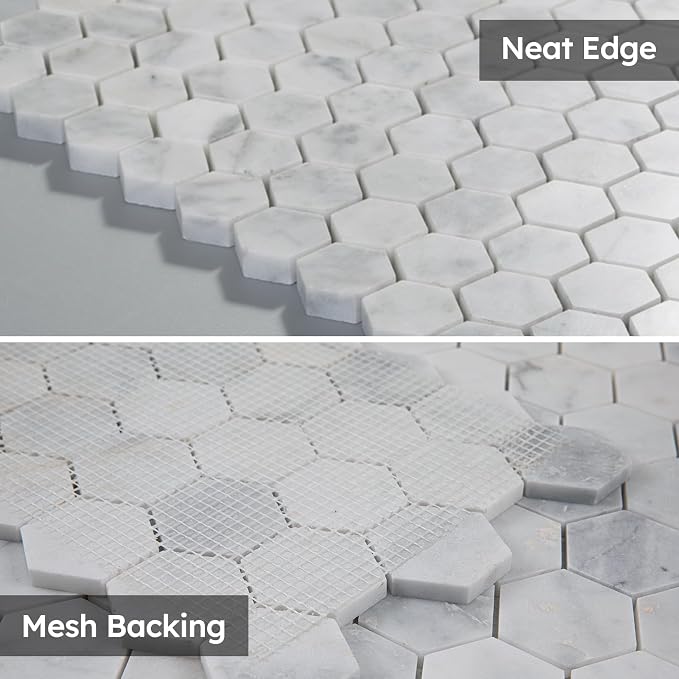 Carrara White Marble Mosaic Tile,1 Inch Hexagon, Polished, 5 Sheets | Natural Bianco Carrera, Marble Stone Backsplash Tiles for Kitchen, Bathroom, Shower Wall and Floor