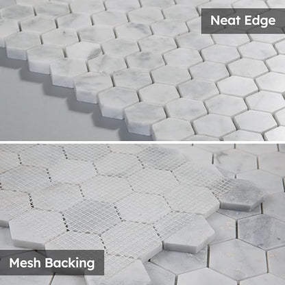 Carrara White Marble Mosaic Tile,1 Inch Hexagon, Polished, 5 Sheets | Natural Bianco Carrera, Marble Stone Backsplash Tiles for Kitchen, Bathroom, Shower Wall and Floor
