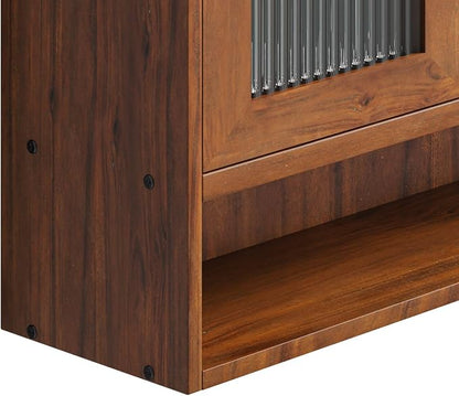KEIKI 35.4" L Wall Mounted Kitchen Sideboard Cabinet with 2 Sliding Glass Door, 3 Layers Shelves, Retro Storage Buffet Medicine Cabinet for Bathroom, Dining Rooms, Entryway, Solid Wood, Walnut