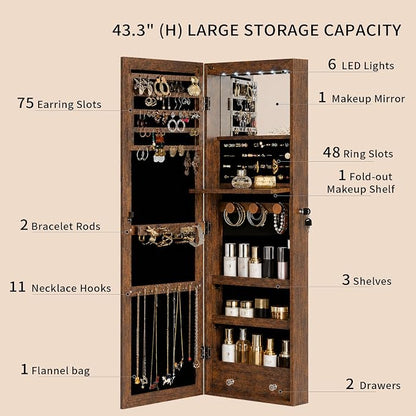 Over the Door Jewelry Organizer, Wall Mounted Jewelry Cabinet, Hanging Mirror with Storage Box, Wall/Door Mounted Full Length Mirror with LED