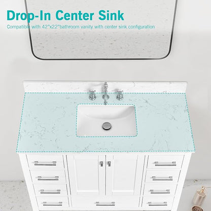 42"x22" Engineered Stone Bathroom Vanity Top with Rectangular Undermount Ceramic Middle Sink, 8 Inch Faucet Hole Spread with Backsplash Bathroom Vanity Sink Top (Cabinet Not Included)