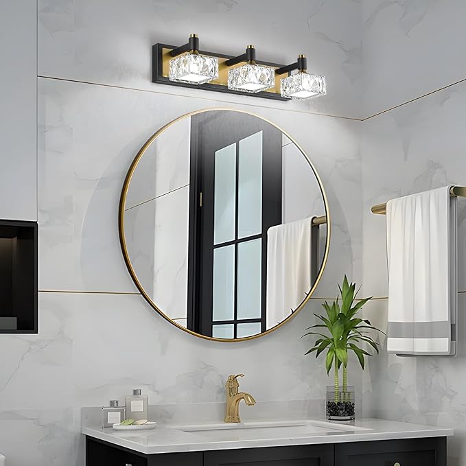 3-Light Bathroom Light Fixtures Over Mirror, Dimmable LED Bathroom Vanity Light with Crystal Shade, Black and Gold Modern Wall Sconce Light, Bathroom Lighting Fixtures Over Mirror, Bath Lamp