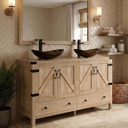 48 inch Natural Color Bathroom Vanity, Rustic Fixture Standing Pedestal Cabinet with Two Gold Boat Vessel Sinks