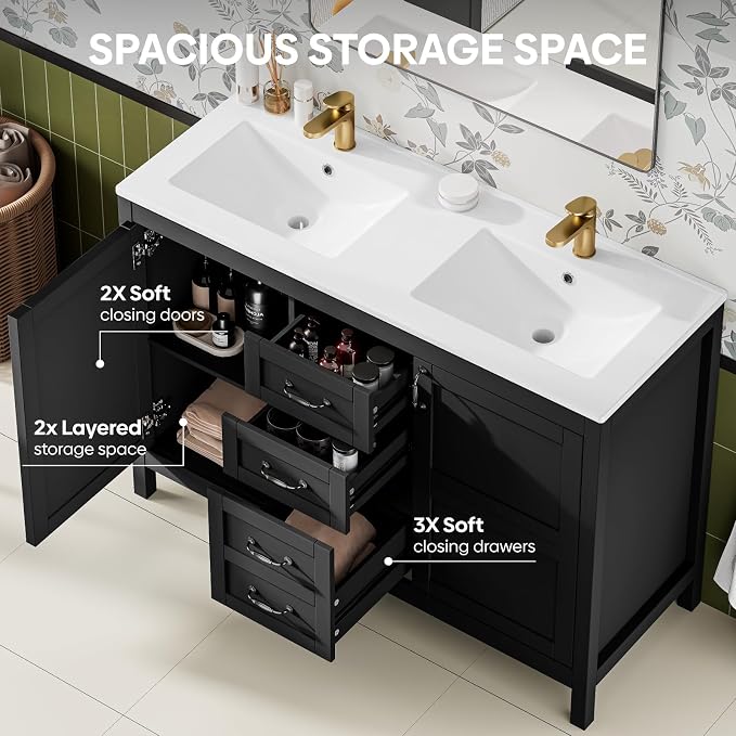 48" Bathroom Vanity with Sink Combo, Freestanding Modern Thickened Wood Bathroom Storage Cabinet with Undermount Double Sink, 3 Drawers & 2 Soft-Close Doors with Organizers, Black