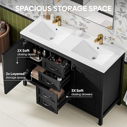 48" Bathroom Vanity with Sink Combo, Freestanding Modern Thickened Wood Bathroom Storage Cabinet with Undermount Double Sink, 3 Drawers & 2 Soft-Close Doors with Organizers, Black