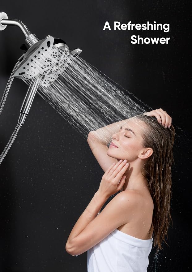 Shower Head with Handheld High Pressure, Rain Shower Head with Fixed Showerhead and 9 Sprays Handheld Shower, Detachable 2-IN-1 Shower head with 59" Rotatable Stainless Steel Hose (Chrome)