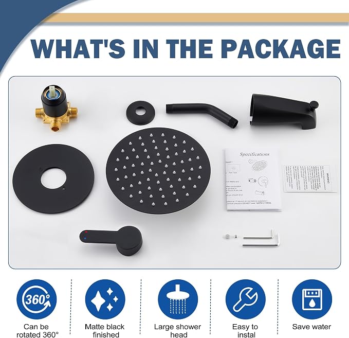 Tub Shower Faucet, Matte Black Shower Faucet Set with 8-Inch All-Metal Rainfall Showerhead and Bathtub Spout, Single-Handle Tub Shower-Trim Kit Included Valve, Matte Black