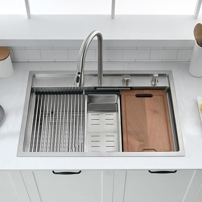 30 inch Drop in Kitchen Sink Waterfall Workstation with Faucet Combo-VOKIM 30x22 Drop-in sink 16 Gauge Stainless Steel Single Bowl Kitchen Sink with Cutting Board