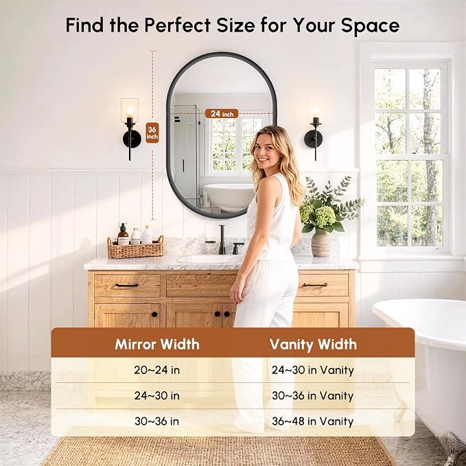 Black Pill Oval Mirror for Bathroom 24x36 Inch | Small Vanity Mirror, Crystal-Clear HD Glass, Rust-Proof Aluminum Frame, Inner-Curved Decor for Bedroom, Entryway Renovation