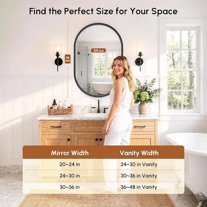 Black Pill Oval Mirror for Bathroom 24x36 Inch | Small Vanity Mirror, Crystal-Clear HD Glass, Rust-Proof Aluminum Frame, Inner-Curved Decor for Bedroom, Entryway Renovation