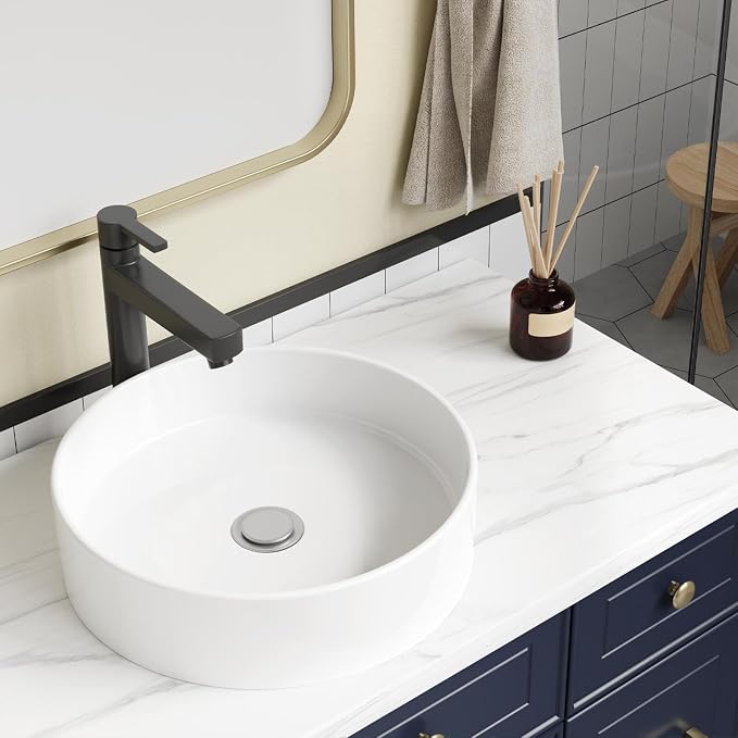 Vessel Sink 18.7x18.7 Inch, Round Ceramic Bathroom Vessel Sink, Thin-Rim Drop-In Above Counter Vanity Sink, White Wash Basin Bowl