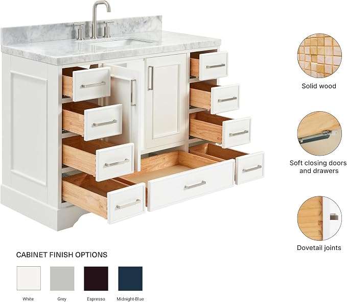 Langford 48-inch White Bathroom Vanity with Center Rectangle Single Sink, Italian Carrara Marble Countertop & Backsplash, Solid Wood Frame, Soft-Closing & Dovetail Drawers