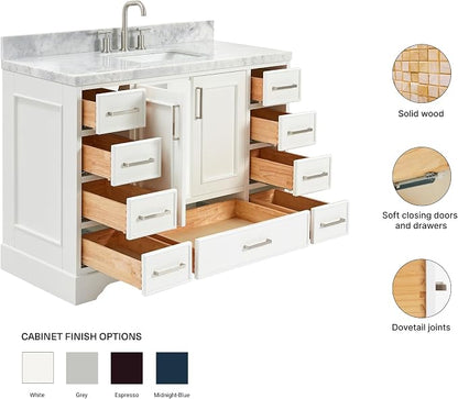 Langford 48-inch White Bathroom Vanity with Center Rectangle Single Sink, Italian Carrara Marble Countertop & Backsplash, Solid Wood Frame, Soft-Closing & Dovetail Drawers