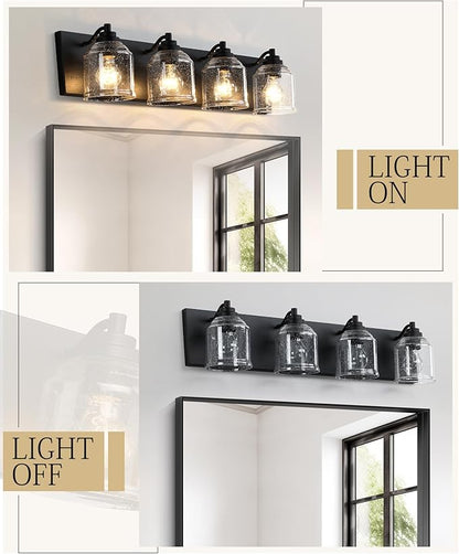 Vanity Lights for Bathroom Large 31.5", Farmhouse Rustic Vanity Light with Bubble Glass Shades, Black 4 Light Bathroom Lighting Fixtures Over Mirror, Bath Wall Sconce Home Decor