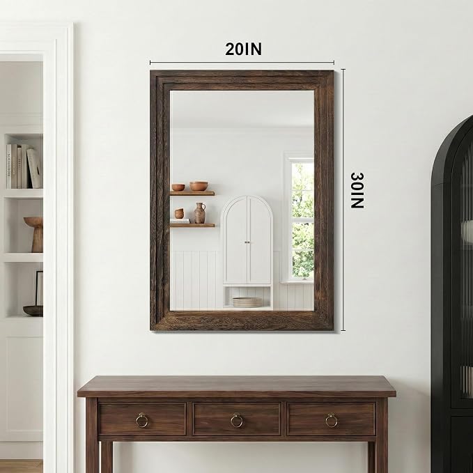 Farmhouse Rustic Wood Framed Bathroom Vanity Mirror for Wall, 20x30, Brown | Recessed Stepped Solid Wood Frame, HD Shatterproof Glass, Vertical/Horizontal Mount, for Bathroom Sink, Living Room, Entryway