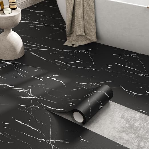 Peel and Stick Floor Tile 11.8” x 118” Vinyl Flooring Roll Cover 9.6 Sq.Ft. Waterproof Scratch-Resistant DIY Self-Adhesive PVC Flooring for Renter, Kitchen, Bathroom, RV, Black Marble