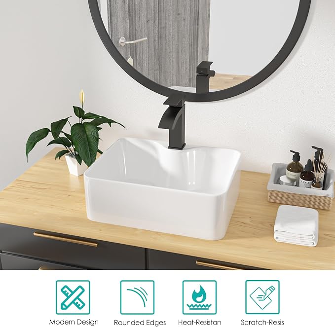 16"x12" Rectangle Bathroom Vessel Sink with Faucet Combo Porcelain Ceramic White Vanity Sink Above Counter Modern Sink with Faucet Hole for Lavatory, Hotel Art Basin, Home Washing Basin