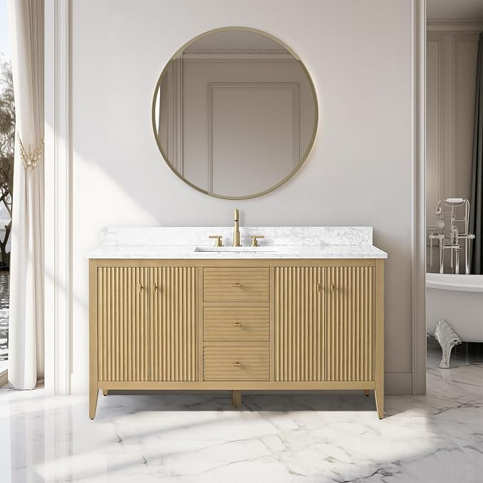 Vanity Art 60 inch Bathroom Vanity with Single Sink & Ceramic Top, Vanity Cabinet with Soft-Closing Door, Solid Wood Frame, Linear Pattern, Natural Oak, Golden Brushed Handware VA9160-SNO-GB