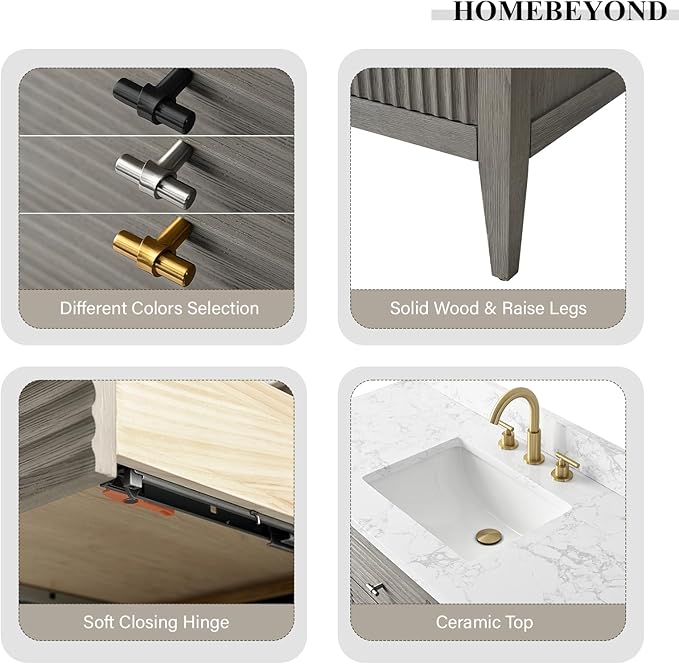 HOMEBEYOND 42" Bathroom Vanity with Sink, Solid Wood Bathroom Vanity Free-Standing Cabinet, Drawers, Ceramic Top & Soft Closing Door, Golden Brushed Handware, Driftwood Gray