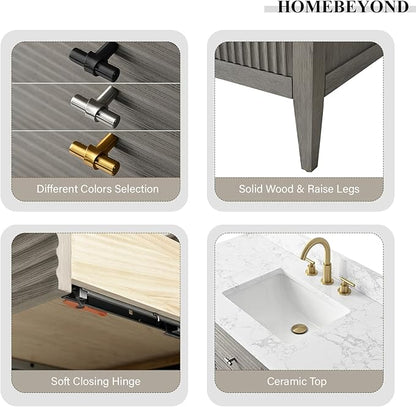 HOMEBEYOND 42" Bathroom Vanity with Sink, Solid Wood Bathroom Vanity Free-Standing Cabinet, Drawers, Ceramic Top & Soft Closing Door, Golden Brushed Handware, Driftwood Gray