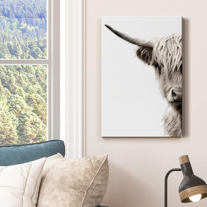 Renditions Gallery Animal Canvas Wall Art Modern Paintings & Prints Decor Vintage Highland Cattle Canvas Black & White Wall Hanging Artwork for Bedroom Living Room Office - 8"x12" LT02