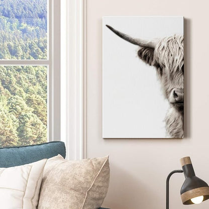 Renditions Gallery Animal Canvas Wall Art Modern Paintings & Prints Decor Vintage Highland Cattle Canvas Black & White Wall Hanging Artwork for Bedroom Living Room Office - 8"x12" LT02