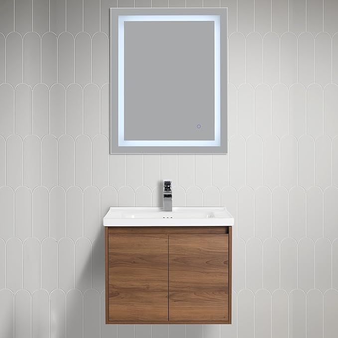 Blossom 24 Inch Wall Mounted Bathroom Vanity with Sink | Floating Wood Vanity Cabinet | Modern Soft-Close Doors & Storage | Ceramic Basin | Space-Saving Design (Brown Walnut, 24'' Ceramic Sink)