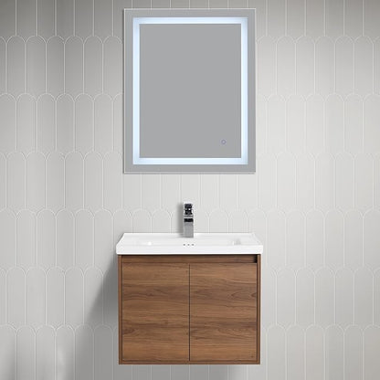 Blossom 24 Inch Wall Mounted Bathroom Vanity with Sink | Floating Wood Vanity Cabinet | Modern Soft-Close Doors & Storage | Ceramic Basin | Space-Saving Design (Brown Walnut, 24'' Ceramic Sink)