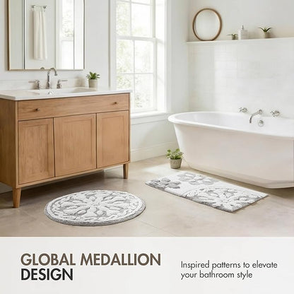 Madison Park Casablanca 100% Cotton Tufted Bathroom Rugs Luxurious Plush Medallion Floral Pattern Bath Mat Absorbent, Quick Dry, Spa Design Shower Room Décor, Rectangle 25" R, Grey