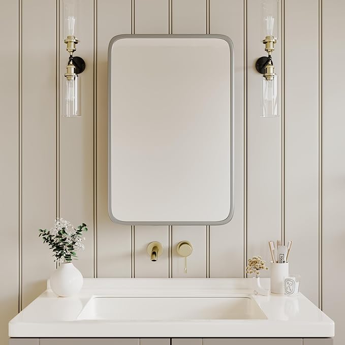 Vintage-Style Bathroom Wood Black Cabinet with 16.5''x24'' Brushed Nickel Metal Frame Curved Mirror, Recessed Medicine Cabinet, Bathroom Storage Cabinet