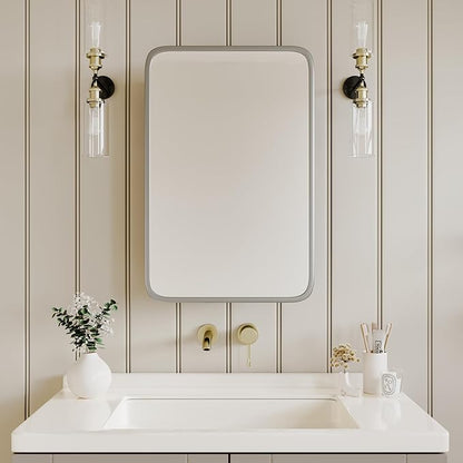 Vintage-Style Bathroom Wood Black Cabinet with 16.5''x24'' Brushed Nickel Metal Frame Curved Mirror, Recessed Medicine Cabinet, Bathroom Storage Cabinet