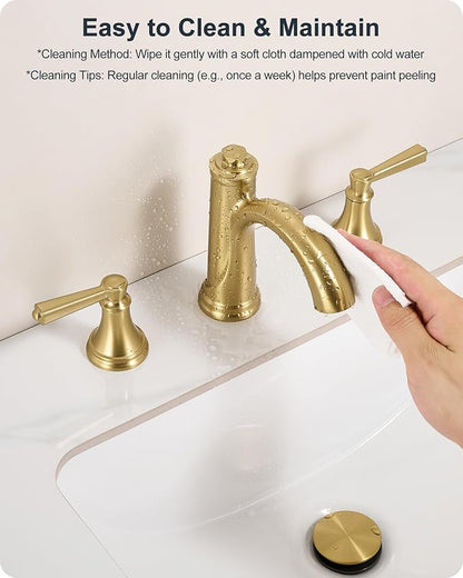 Bathroom Sink Faucet 3 Hole, 8 Inch Gold Bathroom Faucet with Drain | Lead-Free Brass, Widespread 2 Handles, Pre-installed cUPC Supply Hoses, For Rv Lavatory Restroom Vanity, 10 Mins Installation