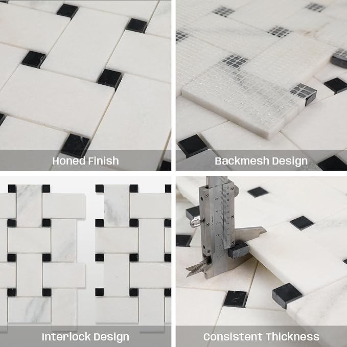 2×3 Inch Basketweaven White Marble Mosaic Tile for Wall Floor, 5 Sheets | Water & Heat Resistant Honed Marble Backsplash Tiles for Kitchen Bathroom Fireplace Surround Durable Unique Veins 3.8SQFT