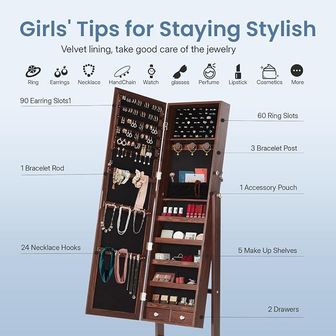 DUMOS Freestanding Jewelry Organizer Cabinet with Full Length Mirror | Standing Jewelry Armoire, Lockable, 47.3" Mirror with Storage, 2 Drawers, 3 Adjustable Angles (13°/23°/30°), Rustic Brown