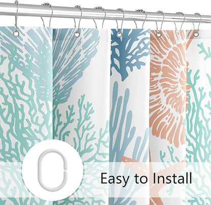 Long Shower Curtain 72 x 78 Inch, Tall Blue Orange Teal Nautical Coastal Fabric Shower Curtain, Summer Tropical Seashell Starfish Coral Beach Ocean Themed Shower Curtains for Bathroom Decor
