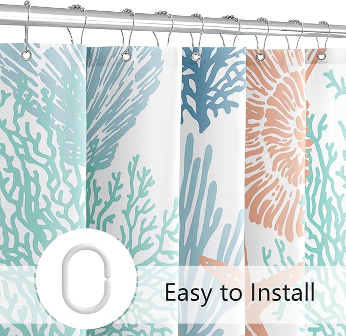 Small Stall Shower Curtain 36 x 72 Inch, Half Narrow Blue Orange Teal Nautical Coastal, Summer Tropical Seashell Starfish Coral Beach Ocean Themed for Bathroom