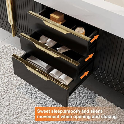 KunMai 59" Black Floating Bathroom Vanity with Faux Marble Top, Double Ceramic Vessel Sinks, Wall-Mounted Design, 3 Drawers for Storage, Modern Bathroom Cabinet with Gold Hardware Finish