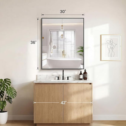 Sweetcrispy Bathroom Mirror, 30" x 36" Rectangle Wall Mount Mirrors | Modern Vanity Mirror with Tempered Glass, Metal Frame, for Home Decor, Anti-Rust, Black