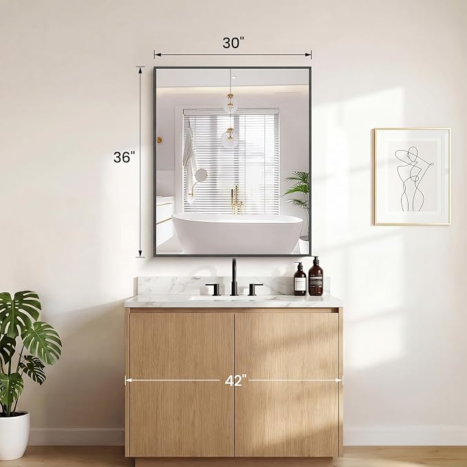 Sweetcrispy Bathroom Mirror, 30" x 36" Rectangle Wall Mount Mirrors | Rectangle Metal Frame Tempered Glass, Over Sink Home Decor, Anti-Rust Hang, Black