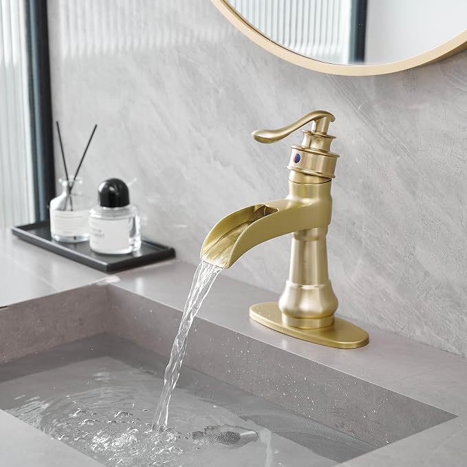 Brushed Gold Bathroom Sink Faucet Waterfall Single-Handle | Single Hole Deck Mounted, Includes Pop Up Drain with Overflow and Supply Lines, Farmhouse, Warm Luxury Metal Tone