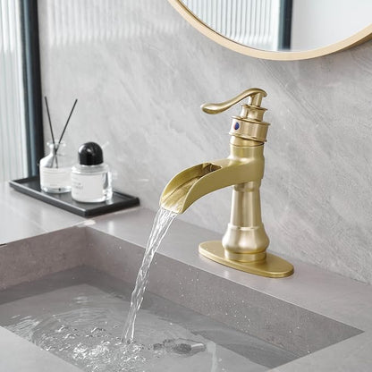 Brushed Gold Bathroom Sink Faucet Waterfall Single-Handle | Single Hole Deck Mounted, Includes Pop Up Drain with Overflow and Supply Lines, Farmhouse, Warm Luxury Metal Tone