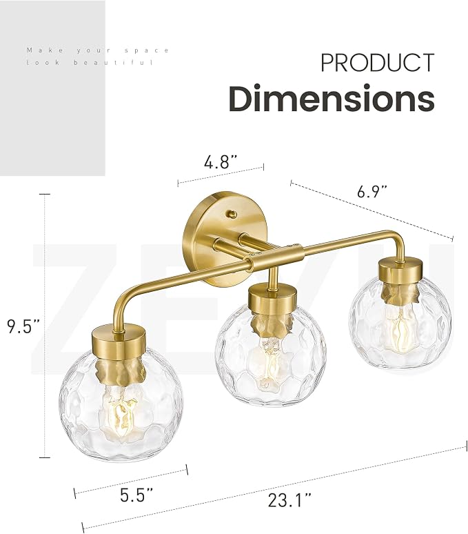 zeyu Brushed Gold 23-Inch 3-Light Bathroom Vanity Lighting, ZS62BG-3W BG-WG | Bathroom Wall Light Fixtures, 3 E26 Bulbs Up To 60W Each, Up/Down Mount, Water Ripple Globe Glass, For Bathroom Mirror