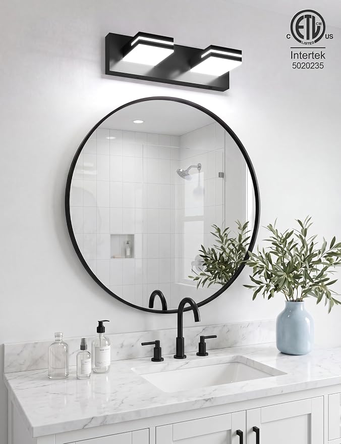 VOLISUN Modern Bathroom Vanity Light Fixtures (2-Light, 15.5-Inch), Matte Black LED Bathroom Lighting Fixtures Over Mirror, 360°Rotatable Head, LED Vanity Lights for Bathroom (Cool White 6000K)