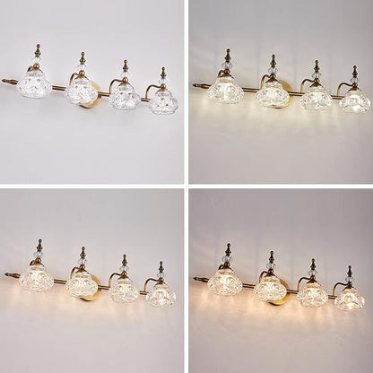 Vintage Vanity Light Fixtures, 4-Light Bathroom Lighting with Crystal Glass Lampshade, Matte Brushed Antique Brass Finish, Vanity Lights for Bathroom Bedroom Hallway