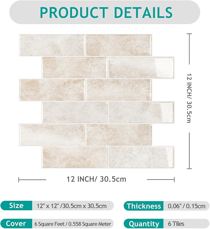 VEELIKE Beige Peel and Stick Backsplash Tile for Kitchen Wall Waterproof Self Adhesive Subway Tile Backsplash 12''x12'' 6 Sheets Renter Friendly Back Splash Stick on Tiles for Bathroom Laundry Room