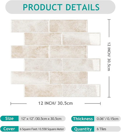 VEELIKE Beige Peel and Stick Backsplash Tile for Kitchen Wall Waterproof Self Adhesive Subway Tile Backsplash 12''x12'' 6 Sheets Renter Friendly Back Splash Stick on Tiles for Bathroom Laundry Room